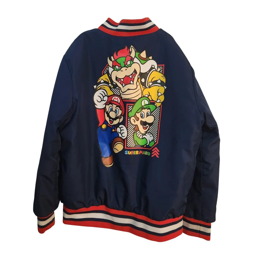 Kids Super Mario Bomber Jacket‎ Navy Red White Full Zip Mario Bowser Luigi Sz 8